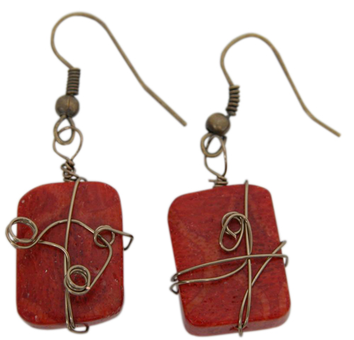 Earrings Red Sponge Coral and Antique Brass Wire Wrapped by Classic Legacy