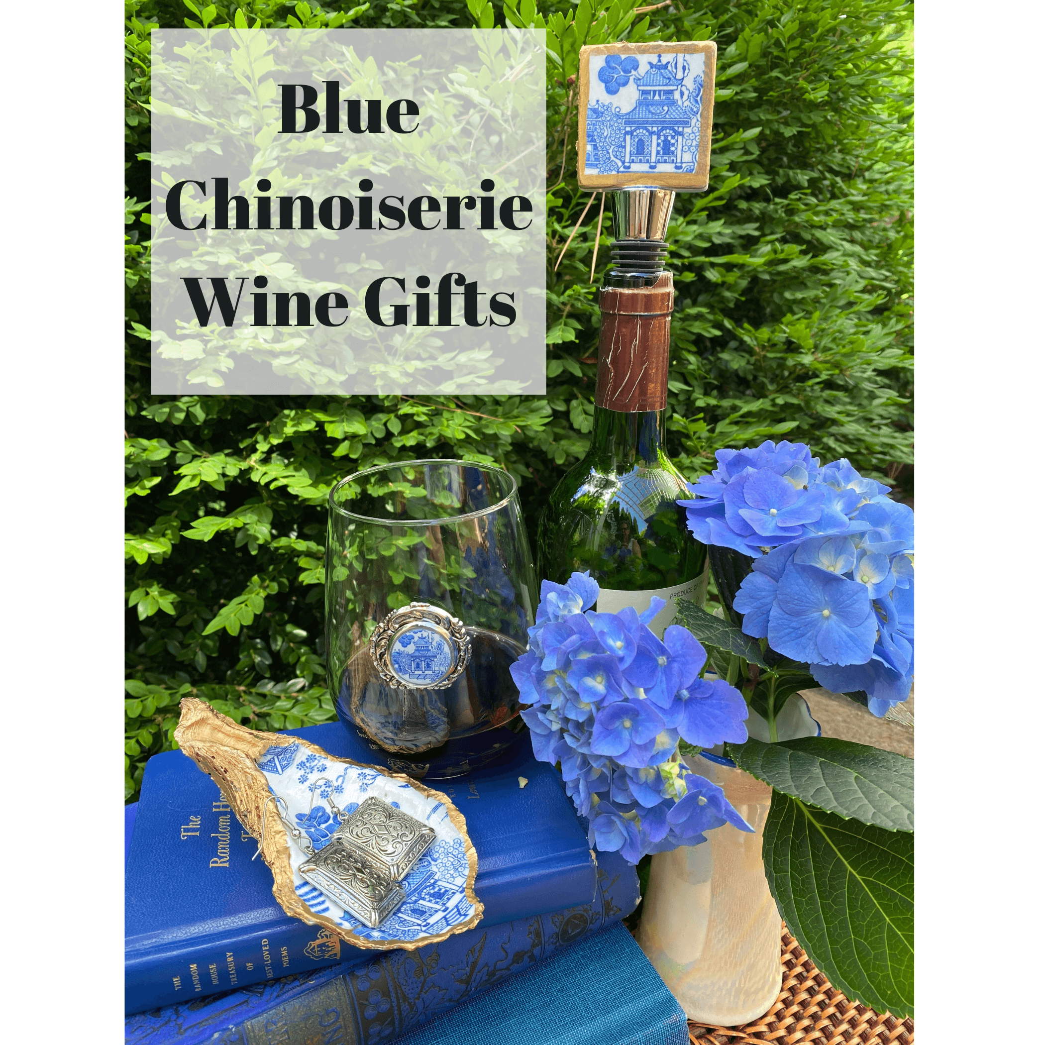 Set of 4 Blue and White Flower Chinoserie Stemless Wine Glasses