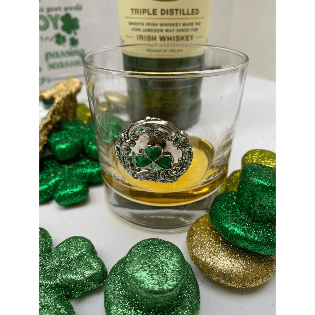 Bourbon Glass for St. Patrick's Day Party with Silver Medallion and green shamrock