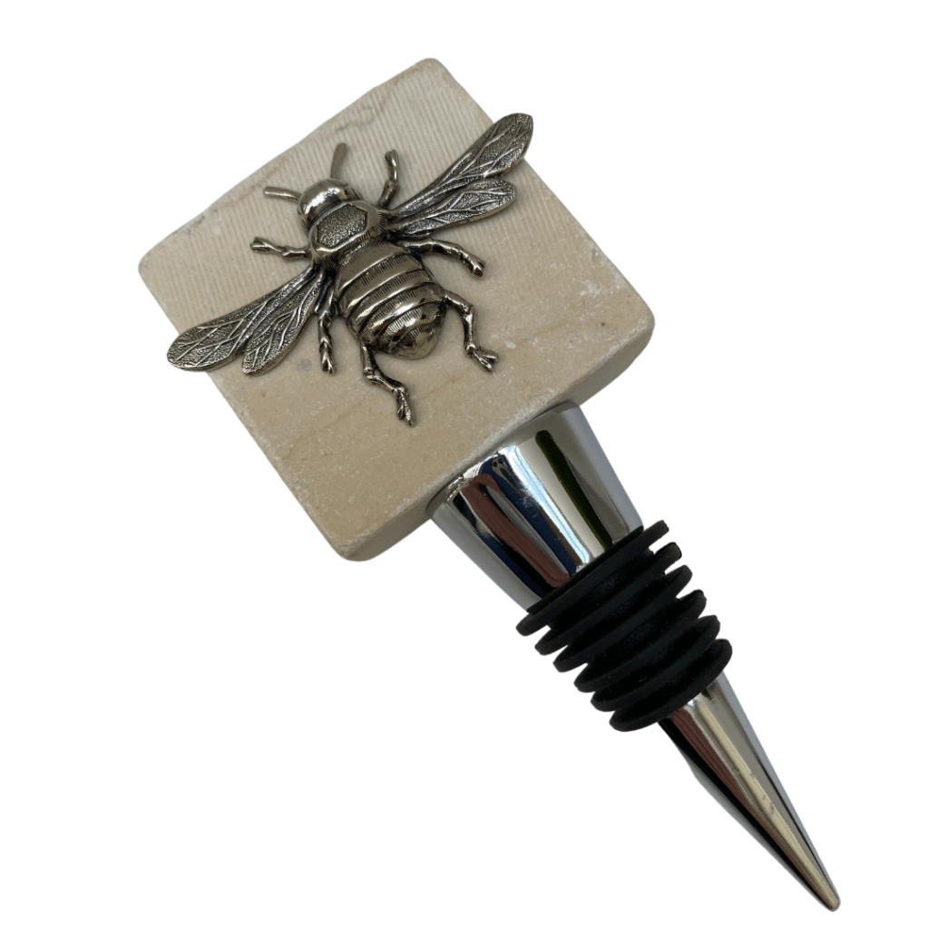 Gifts for bee lovers should include this marble wine bottle stopper with a large silver bee.