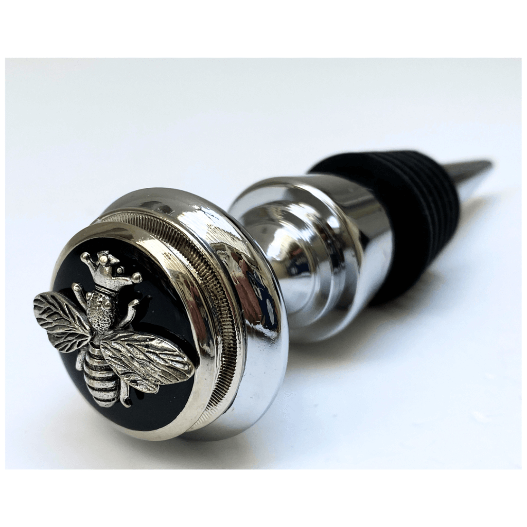 The Classic Bee Bottle Stopper with Silver Queen Bee and black enamel is a great gift for any bee lover.