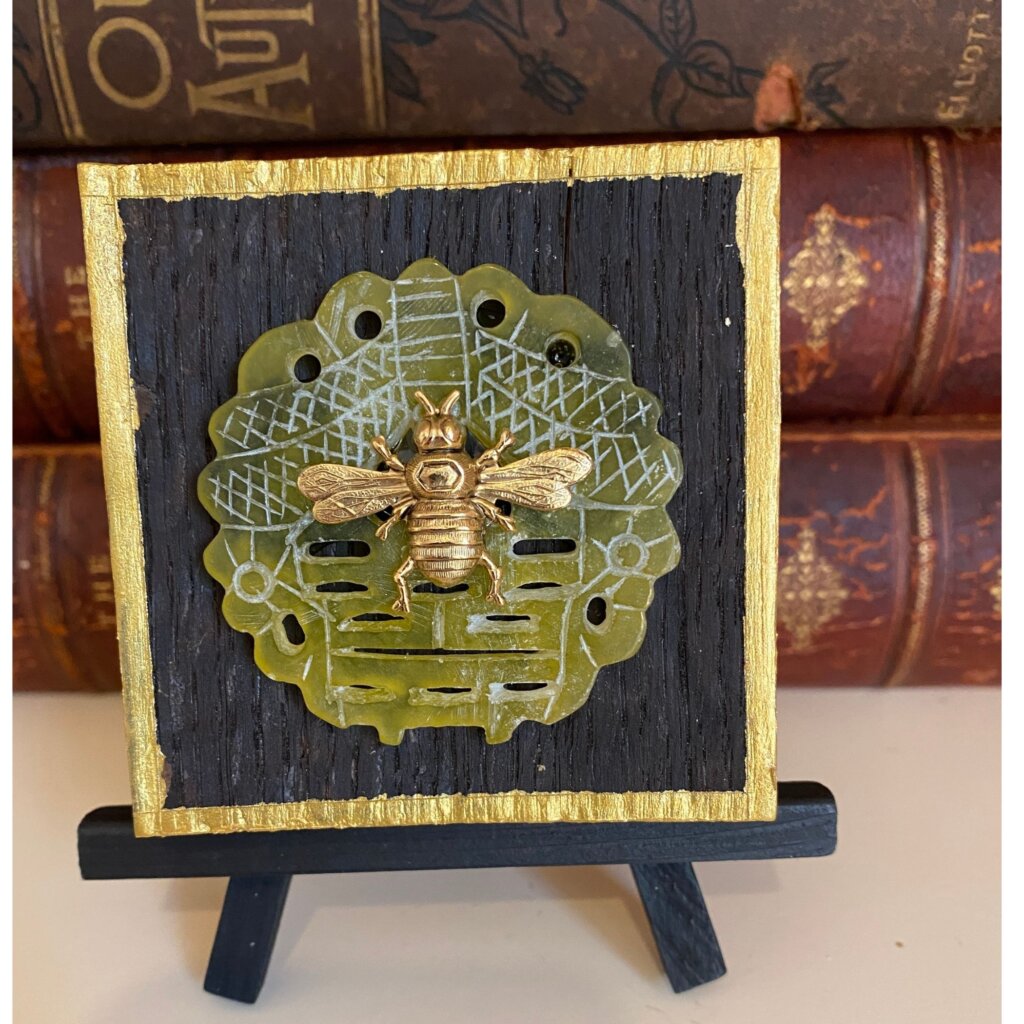 wooden bee art with green jade