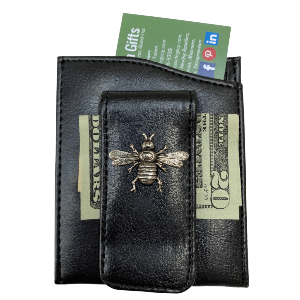 Bee theme black faux leather money clip