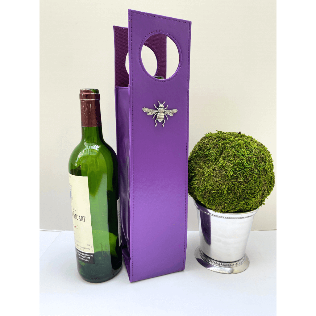 The purple faux leather wine carrier is a great gift for any bee lover.