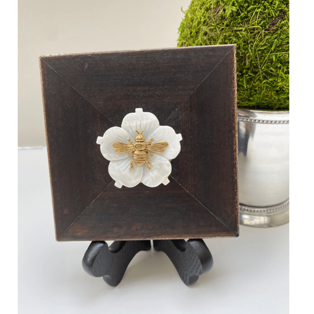 bee wooden art with white pearl flower and gold bee
